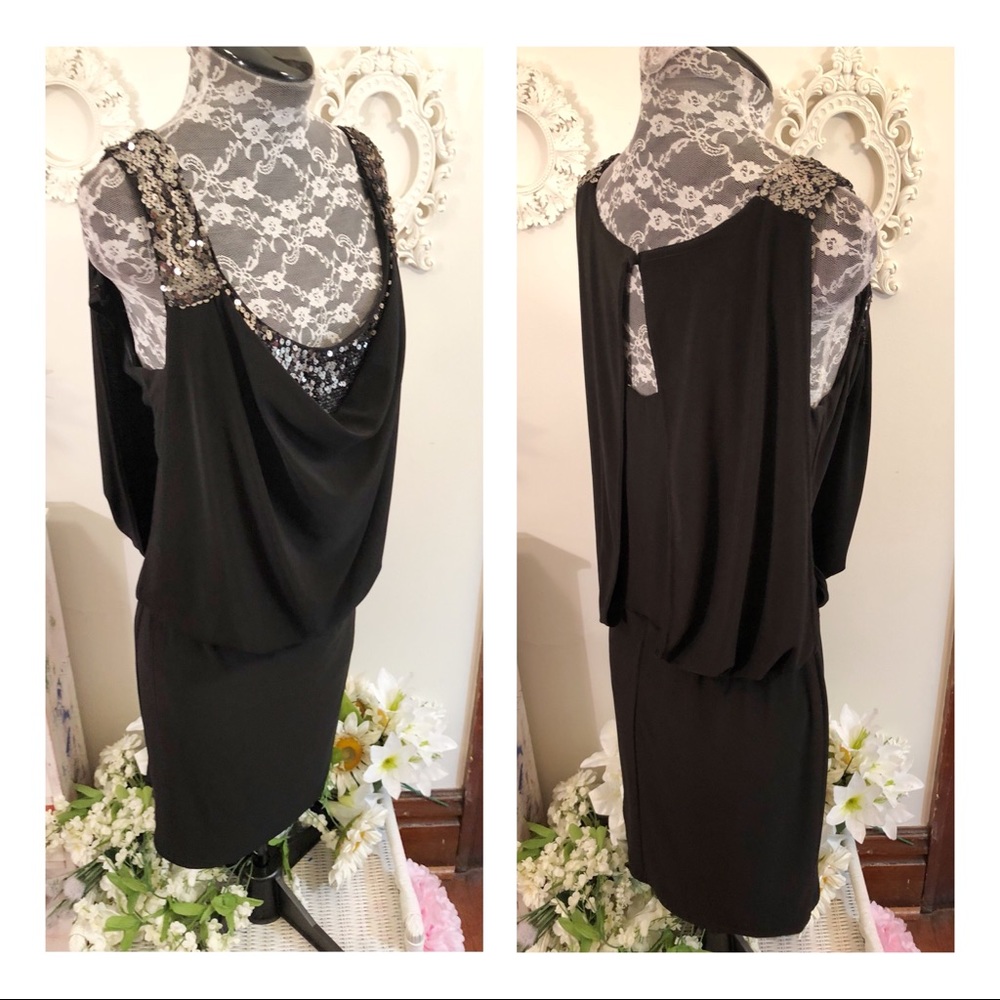 New Nightway Black Sequin Draped Stretch Dress